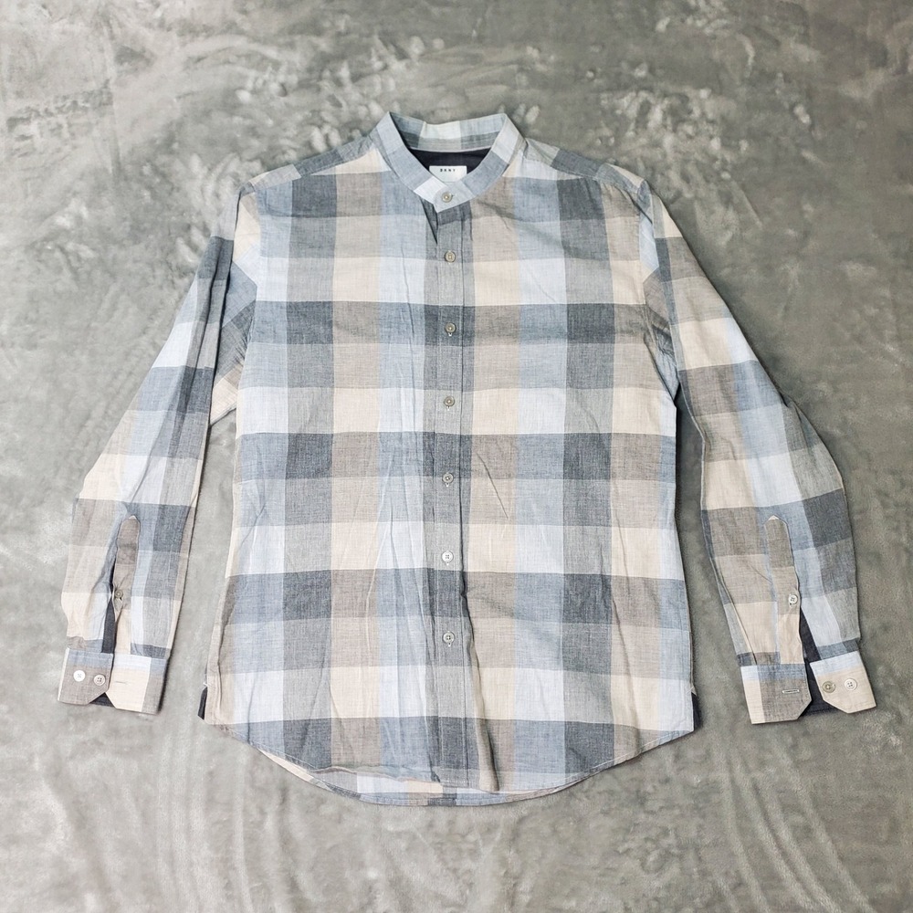 DKNY Mens Mandarin Collar Button Down Shirt Medium Blue Tan Plaid Linen Blend